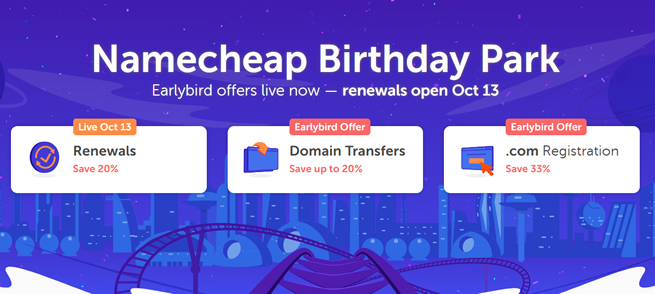 NameCheap 20周年域名大促 新注册/续费/转入均打折